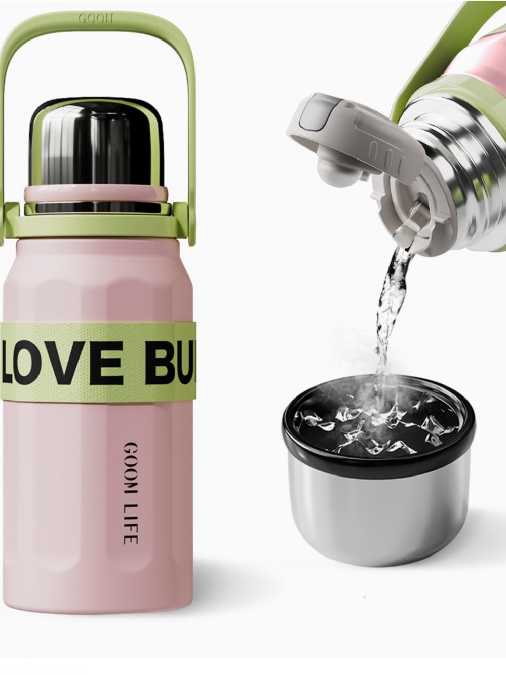 GOOM 32oz Thermos Pink Water Bottle, Stainless Steel, No Leak, Strap Love Bullet